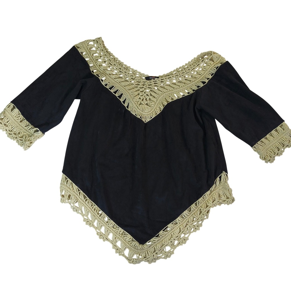 GeeGee Womens Black Faux Suede Crochet Lace Handkerchief Hem Top Small